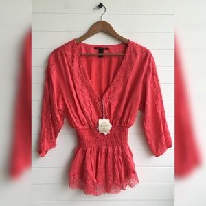 Victoria's Secret NEW Deadstock Silk Coral 3/4 Sleeve V-Neck Lace Elastic Waist